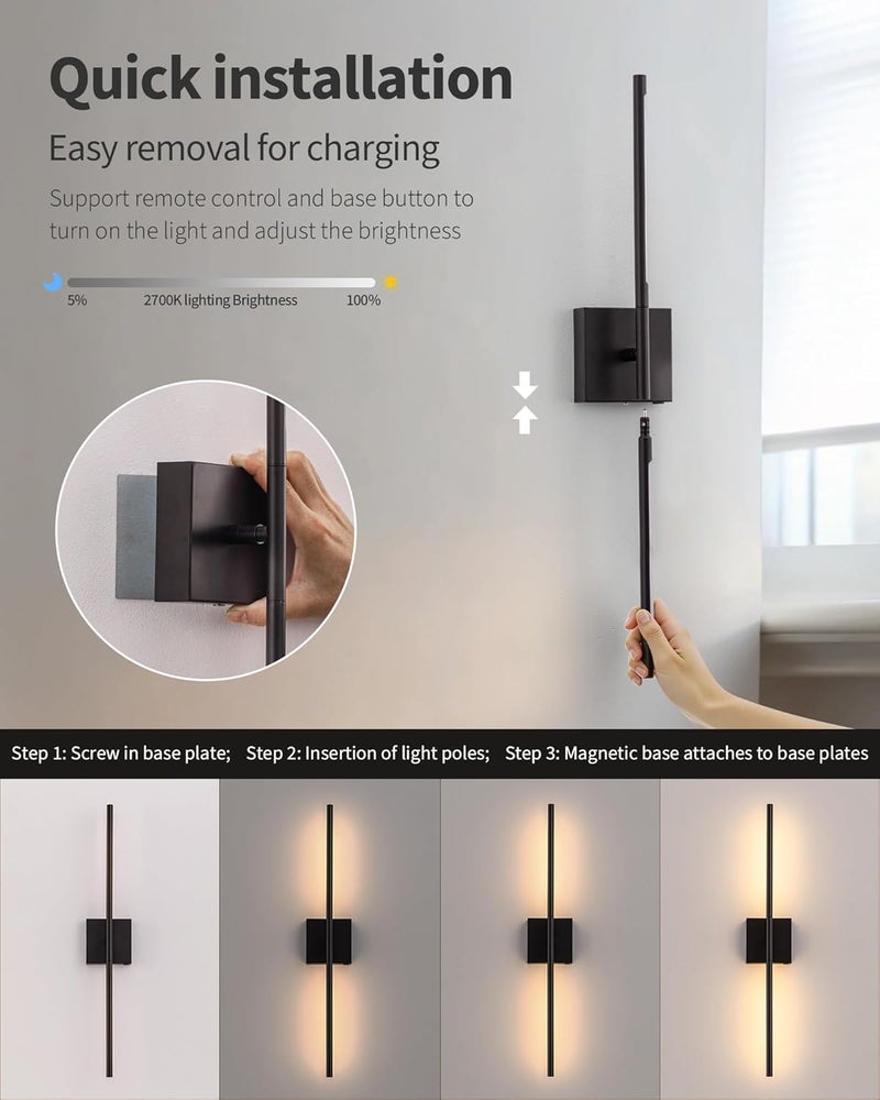 KDG Cordless Wall Sconces Set of 2, Wireless 5200mAh Rechargeable Battery Operated LED Wall Lamps with Remote, 360° Rotate Lightings for Wall Painting, Bedroom, Hallway, Night Light 31.5 inch (Black) - Image 3
